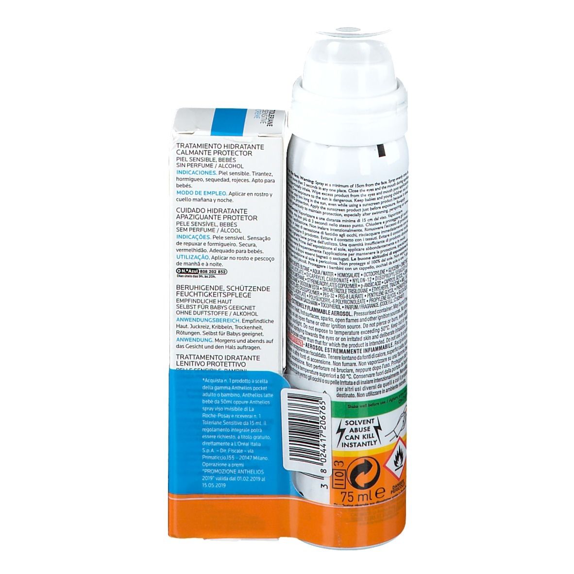 Rückseite von La Roche-Posay Anthelios Spray und Toleriane Sensitive Creme. Text, orangefarbene und blaue Akzente.