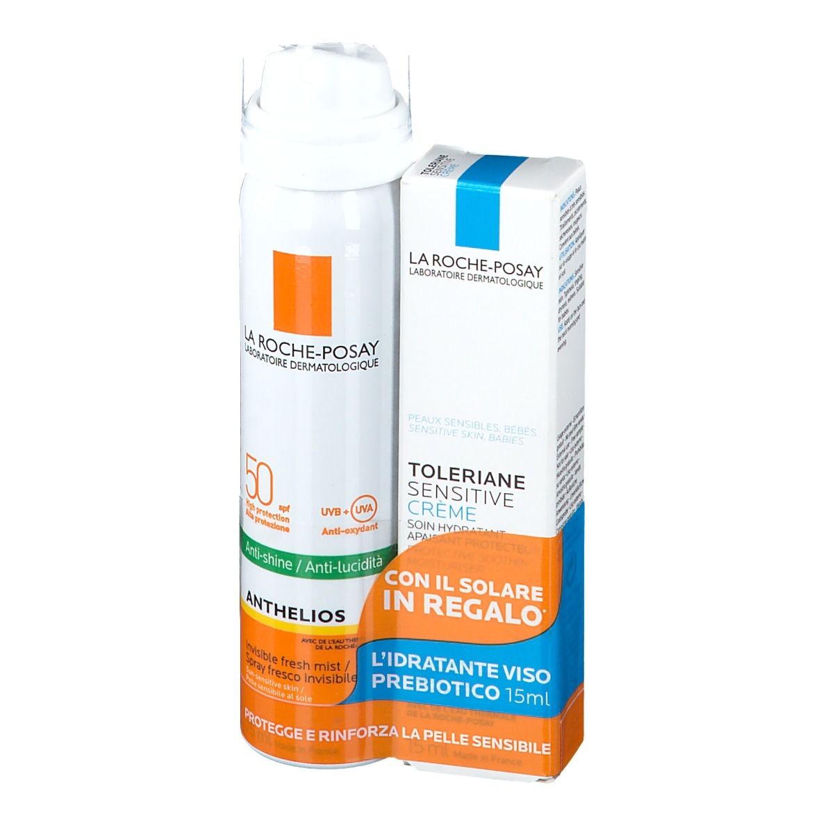 La Roche-Posay Anthelios LSF 50 Spray und Toleriane Sensitive Creme. Weiße Sprühflasche, orangefarbene Akzente, blaue und weiße Verpackung.