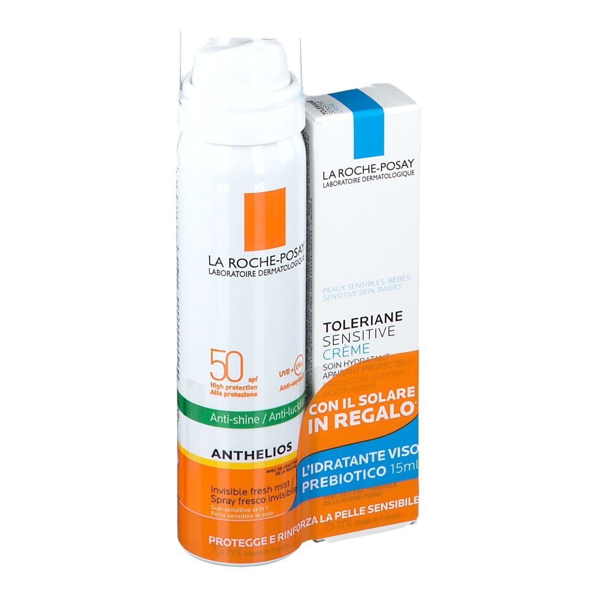 La Roche-Posay Anthelios LSF 50 Spray und Toleriane Sensitive Creme. Weiße Sprühflasche, orangefarbene Akzente, blaue und weiße Verpackung.