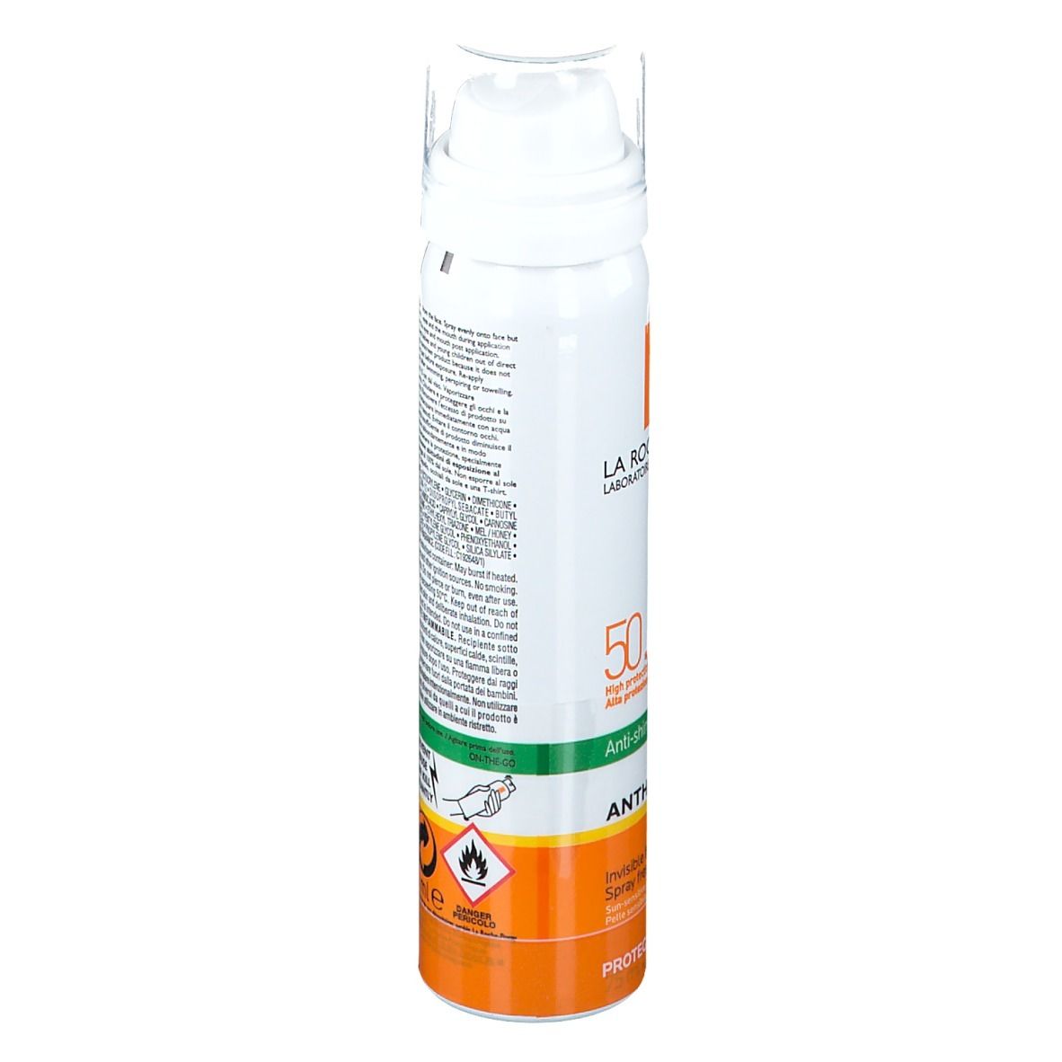 La Roche-Posay Anthelios Spray, Seitenansicht. Weiße Flasche mit Text und Informationen. Orangefarbene und grüne Akzente.