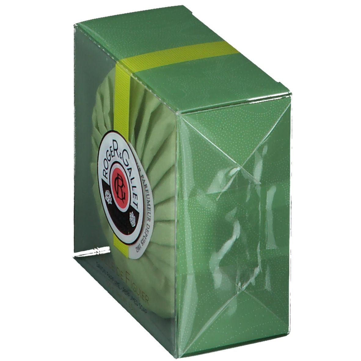 Emballage vert avec savon rond. Logo et texte sur le savon. Boîte plastique transparente.