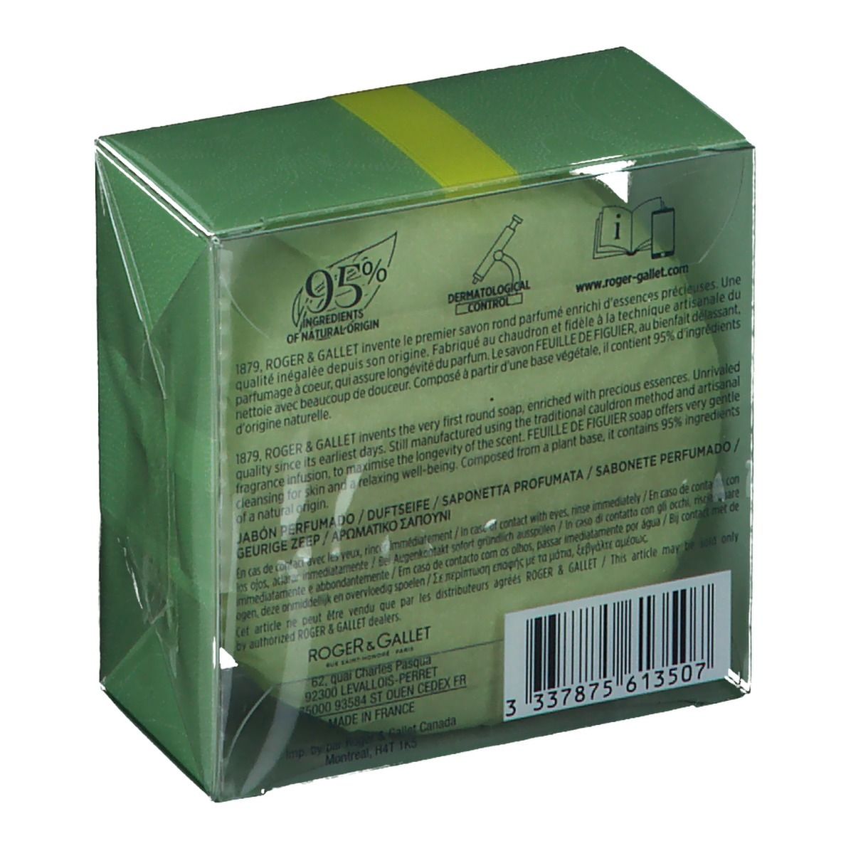 Dos de l'emballage vert avec texte et code-barres. Boîte plastique transparente.