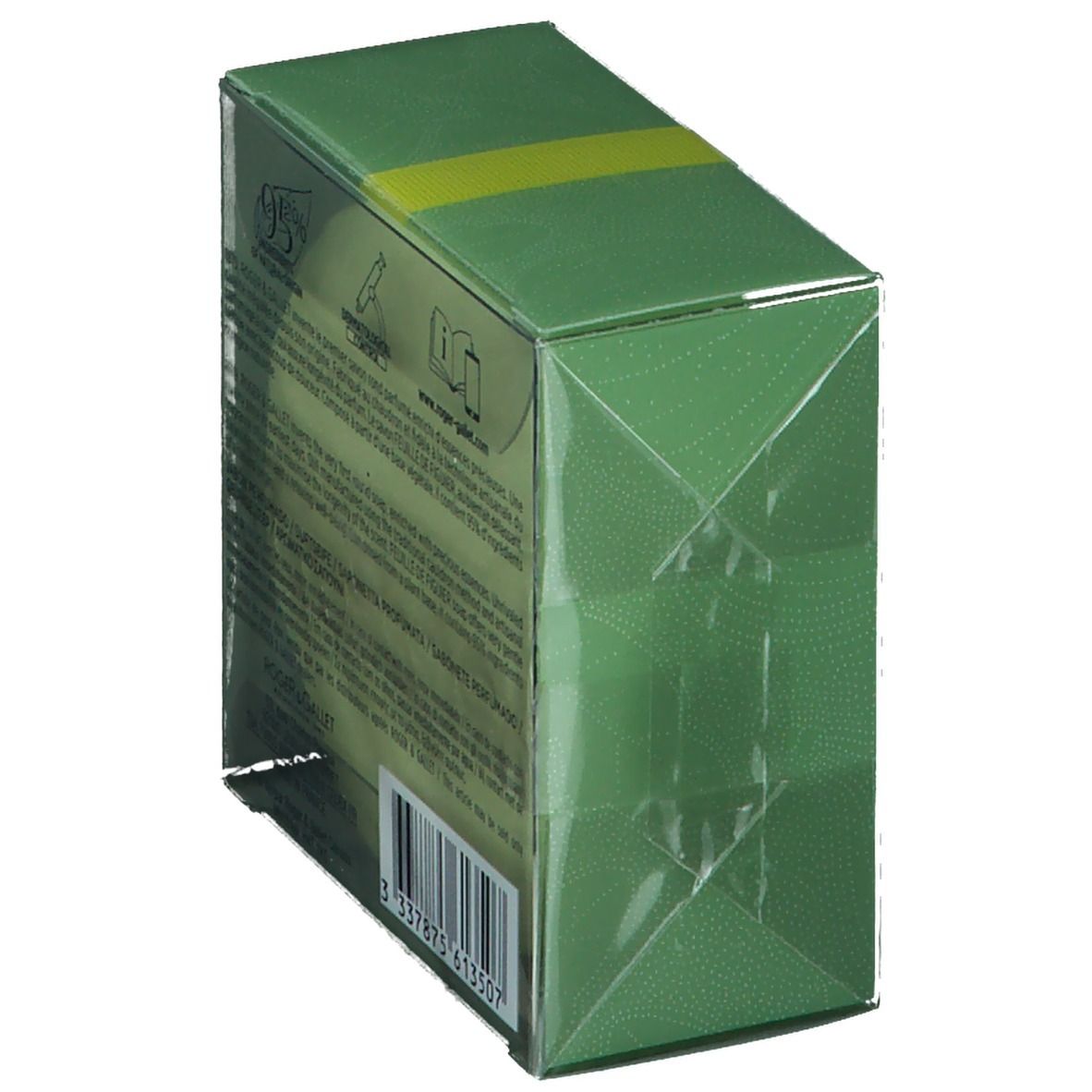 Emballage vert avec texte et code-barres. Boîte plastique transparente.