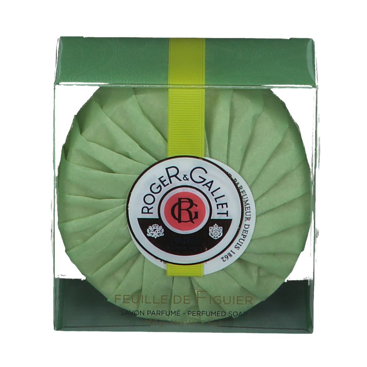 Savon rond emballé en vert. Logo et texte sur le savon. Boîte plastique transparente.