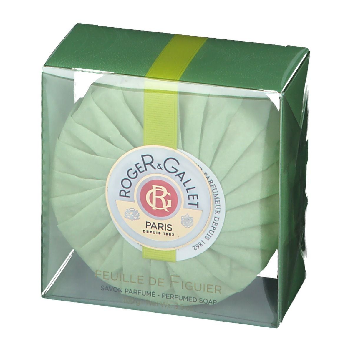 Savon rond emballé en vert. Logo et texte sur le savon. Boîte plastique transparente.