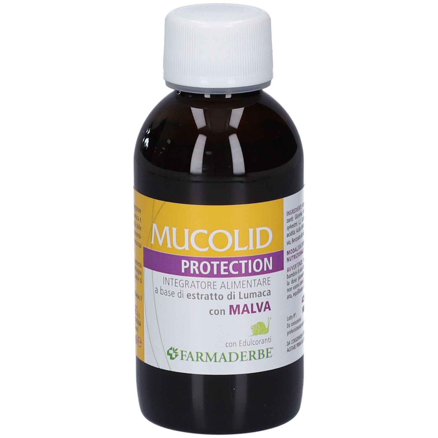 Braune Glasflasche mit weißem Schraubverschluss, Etikett 'MUCOLID PROTECTION'.