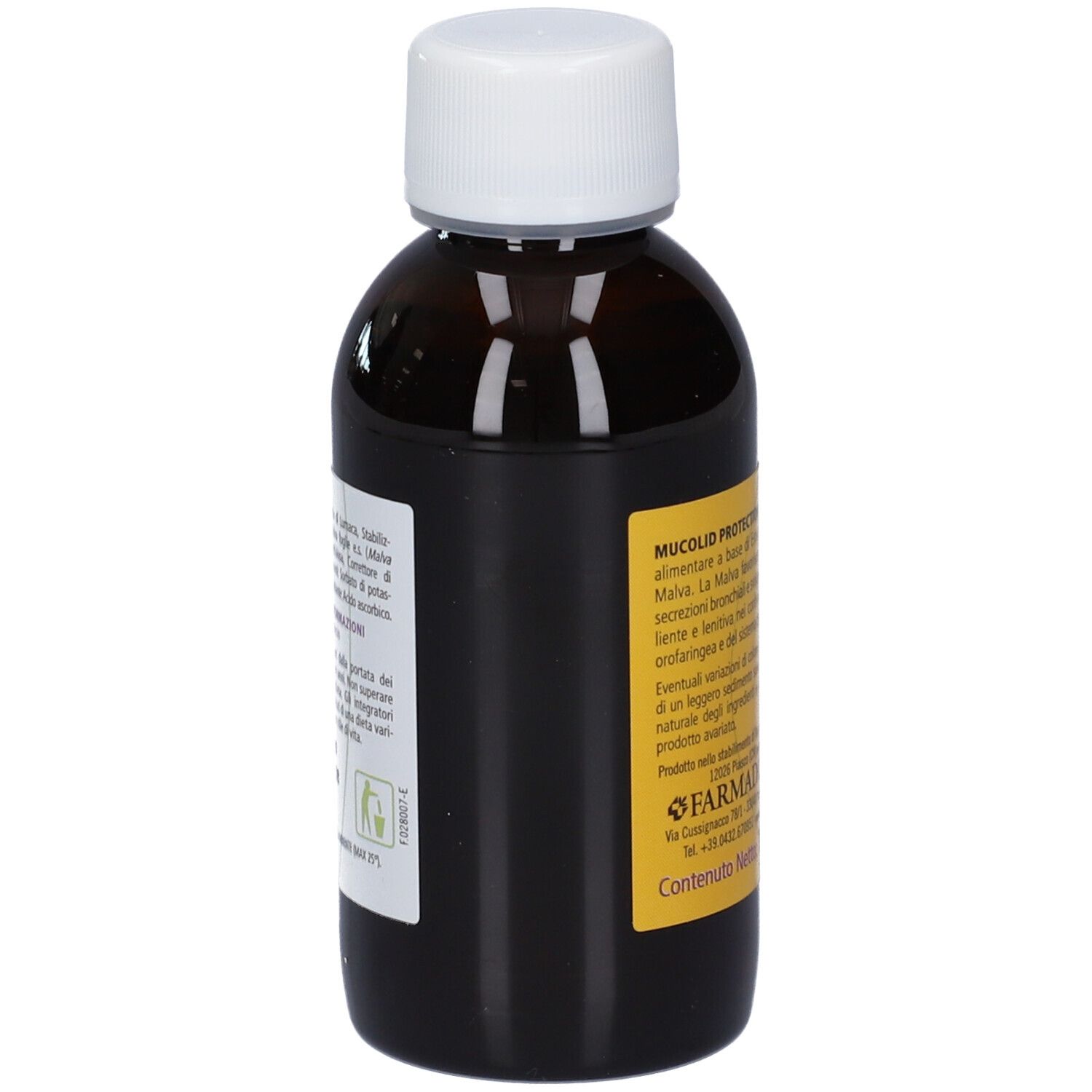 Braune Glasflasche mit weißem Schraubverschluss und gelbem Etikett.