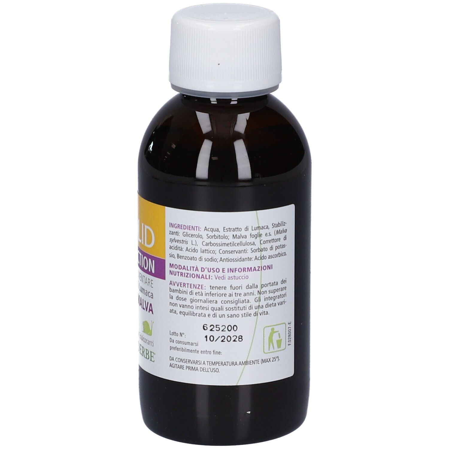 Braune Glasflasche mit weißem Schraubverschluss und Etikett mit Inhaltsstoffen.