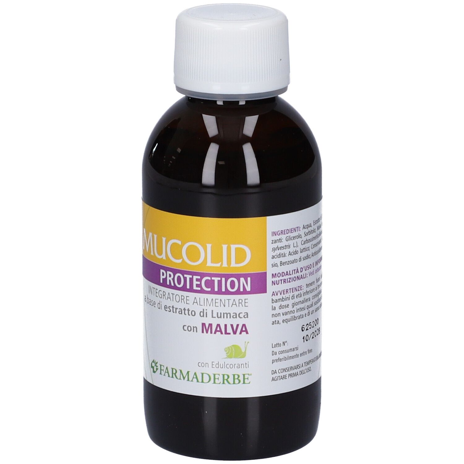Braune Glasflasche mit 100ml Mucolid Protection, einem Nahrungsergänzungsmittel mit Malva-Extrakt.