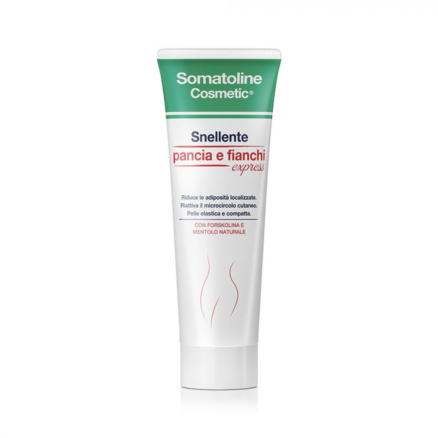 Tube de crème avec bouchon vert. Inscription: Somatoline Cosmetic, Snelente pancia e fianchi express.