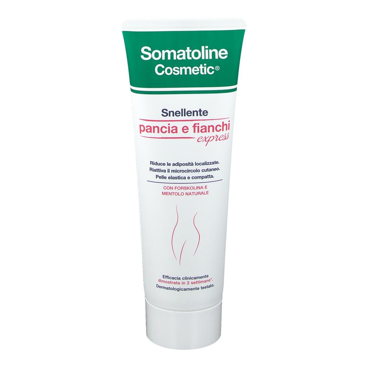 Creme-Tube mit grünem Deckel. Aufschrift: Somatoline Cosmetic, Snelente pancia e fianchi express.