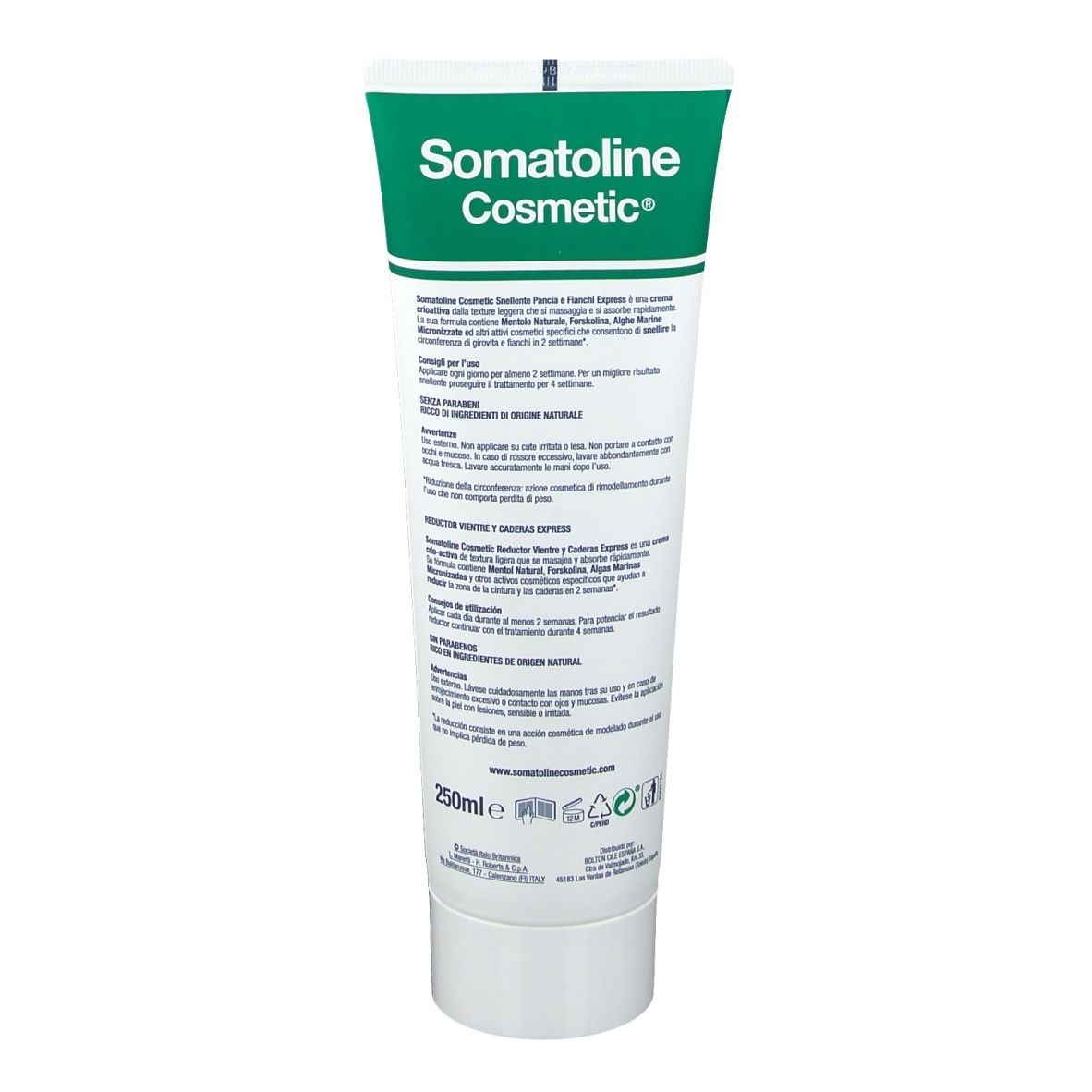 Rückseite der Creme-Tube. Text in italienischer Sprache. Aufschrift: Somatoline Cosmetic, 250ml.