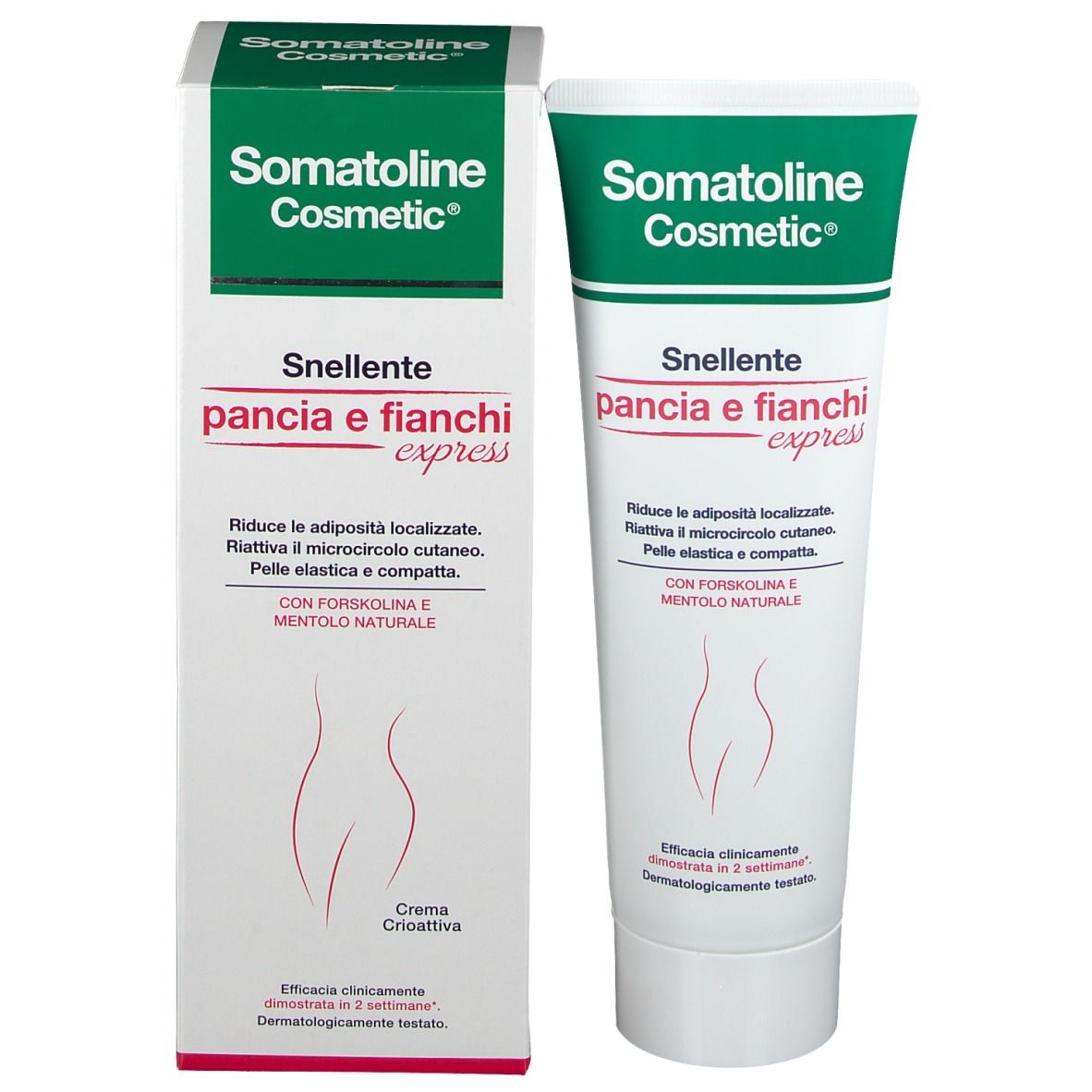 Produktverpackung und Tube. Aufschrift: Somatoline Cosmetic, Snelente pancia e fianchi express.