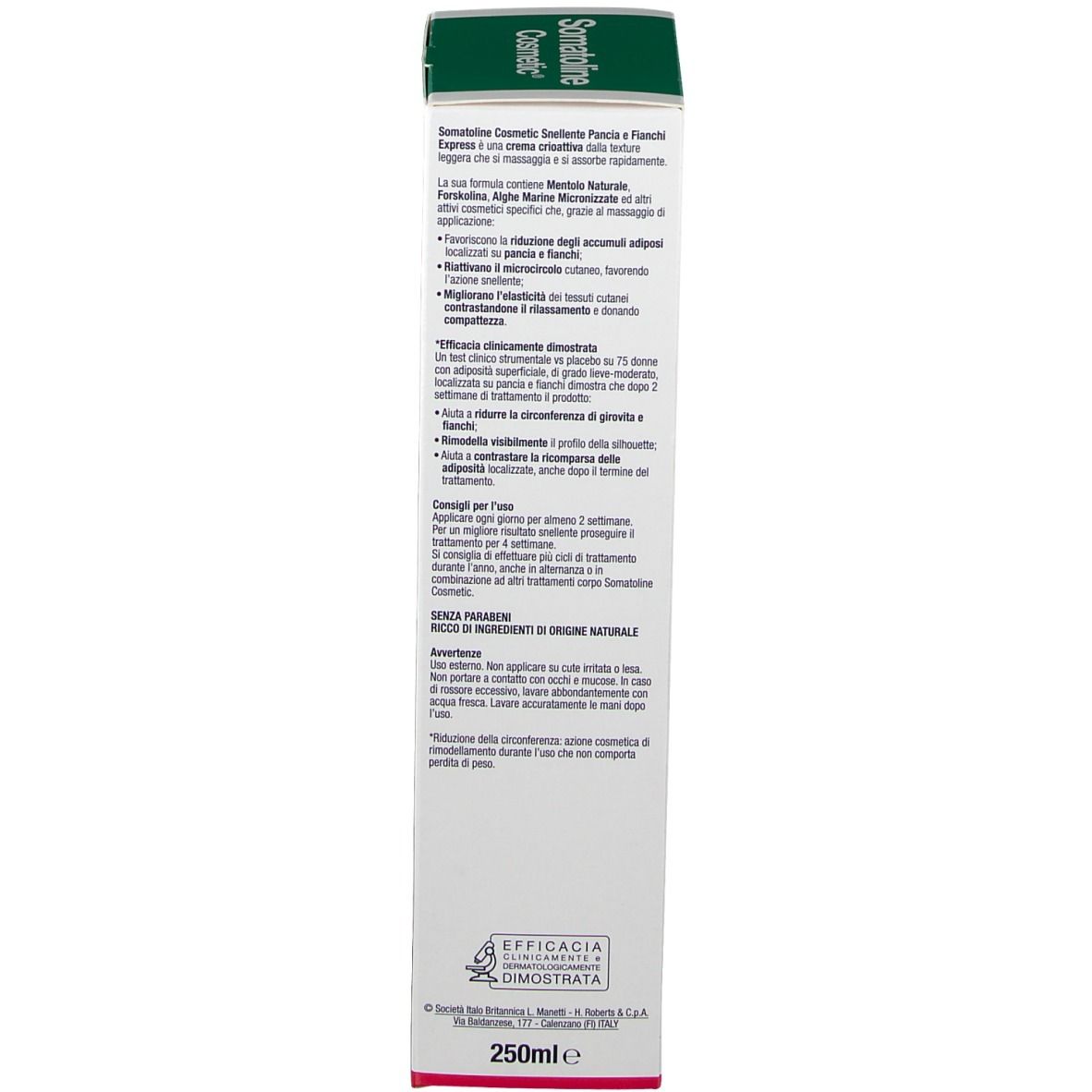 Produktverpackung. Text in italienischer Sprache. Aufschrift: Somatoline Cosmetic, 250ml.