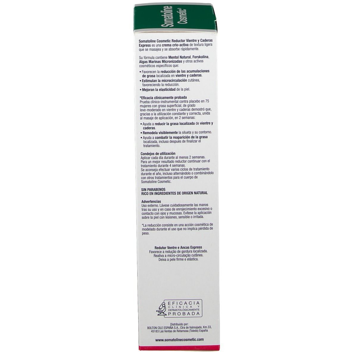 Produktverpackung. Text in spanischer Sprache. Aufschrift: Somatoline Cosmetic, 250ml.