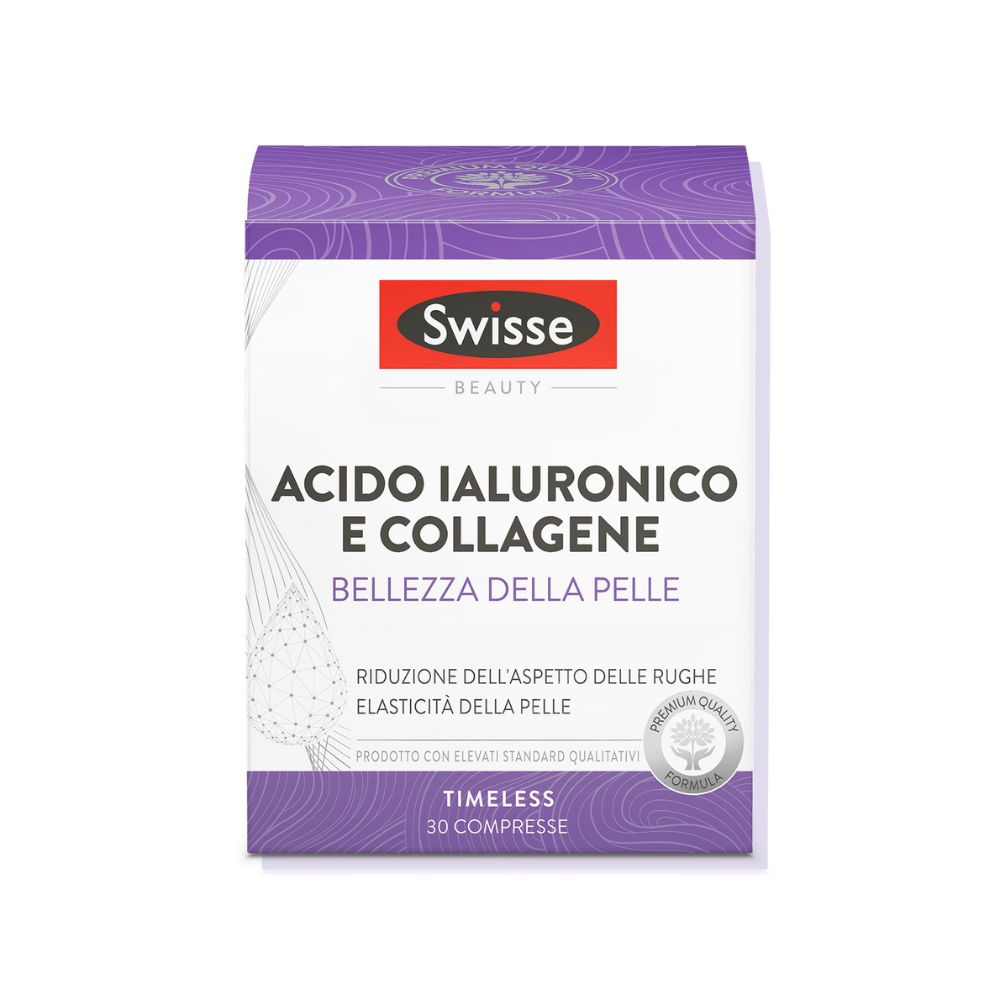 Verpackung mit Produktnamen und Marke Swisse. Enthält Hyaluronsäure und Kollagen. 30 Tabletten.