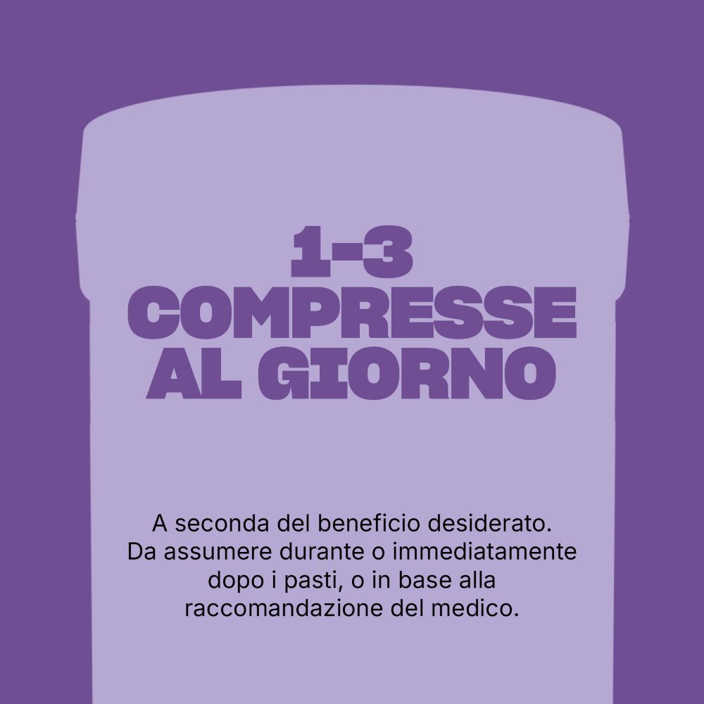 Text mit Dosierungsempfehlungen: 1-3 Tabletten pro Tag, je nach Bedarf.