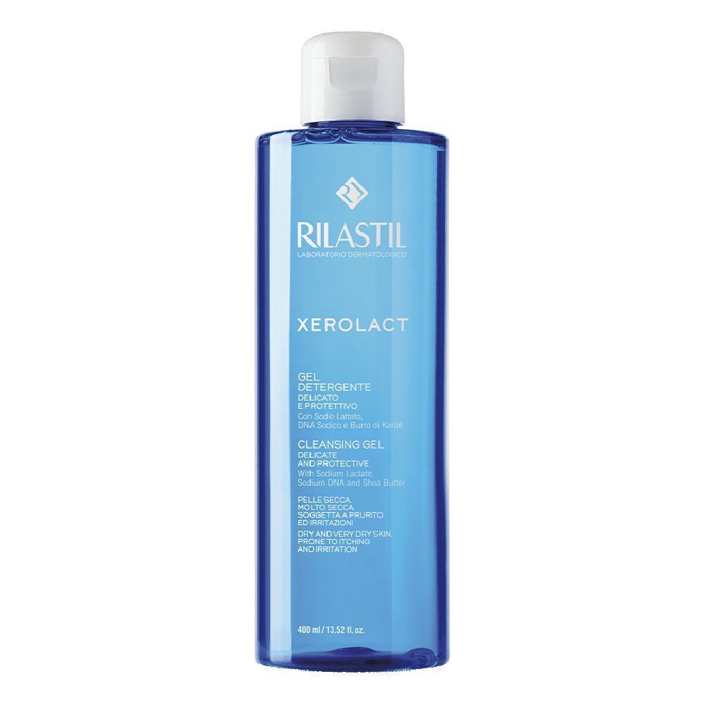 Rilastil Xerolact Reinigungsgel. Blaue Flasche mit weißem Deckel. Produktname und Logo sichtbar.