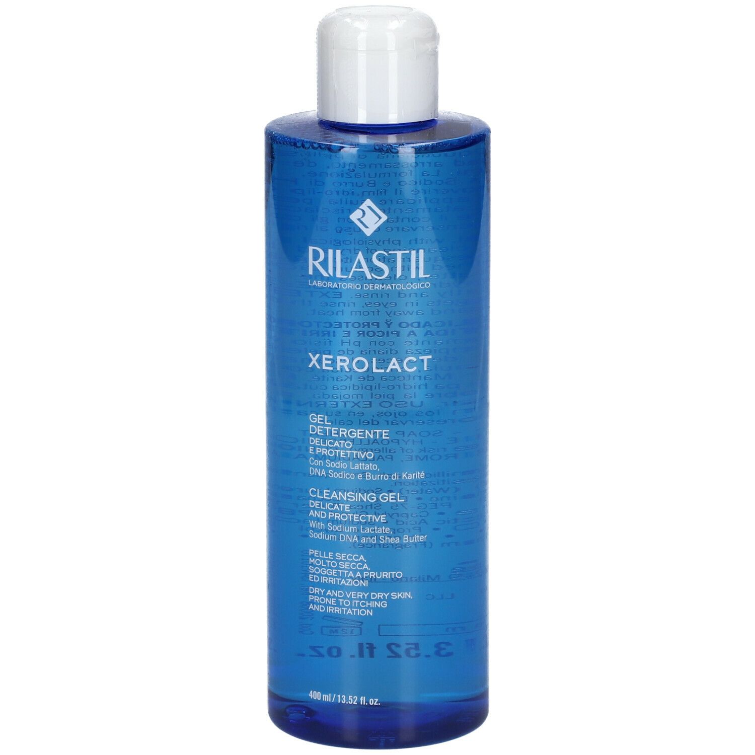 Rilastil Xerolact Reinigungsgel. Blaue Flasche mit weißem Deckel. Produktname und Textdetails.