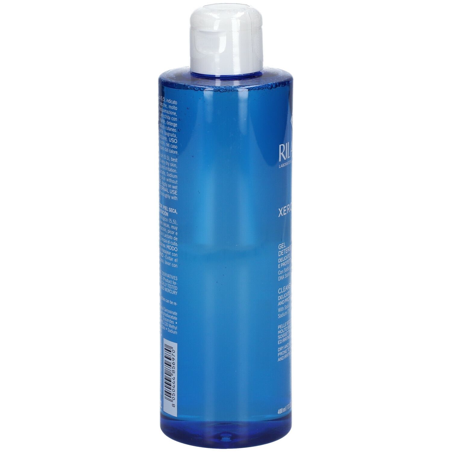 Rilastil Xerolact Reinigungsgel. Blaue Flasche mit weißem Deckel. Rückseite mit Text.