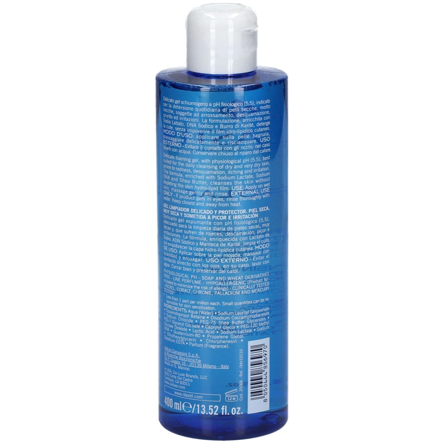 Rilastil Xerolact Reinigungsgel. Blaue Flasche mit weißem Deckel. Rückseite mit Text.
