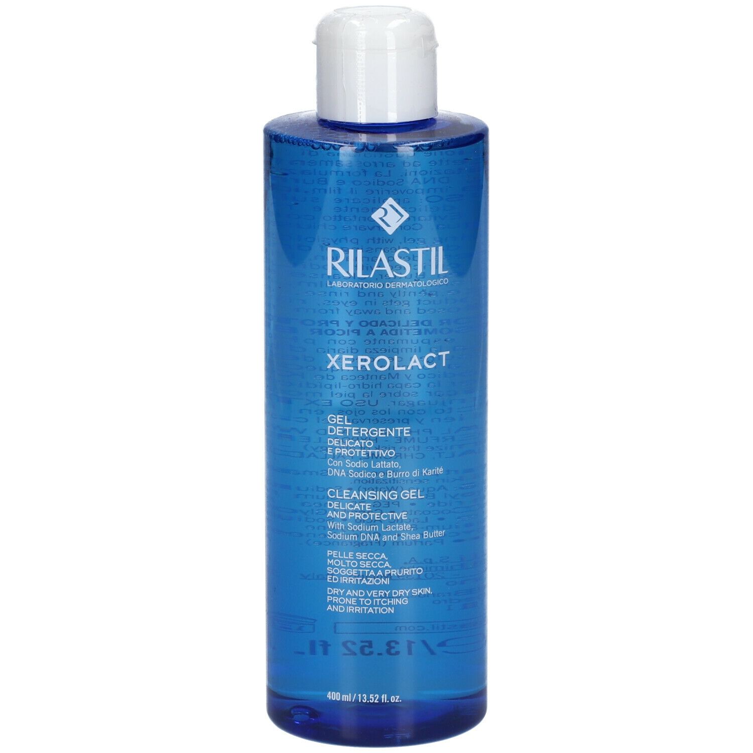 Rilastil Xerolact Reinigungsgel. Blaue Flasche mit weißem Deckel. Produktname und Textdetails.
