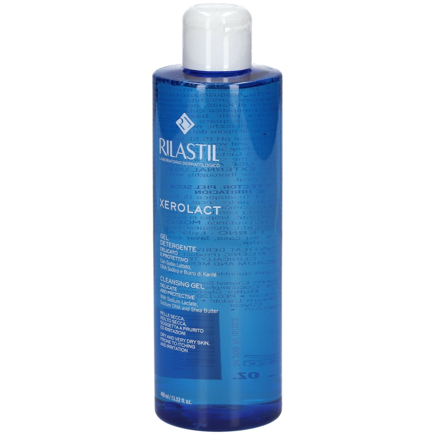 Rilastil Xerolact Reinigungsgel. Blaue Flasche mit weißem Deckel. Produktname und Textdetails.