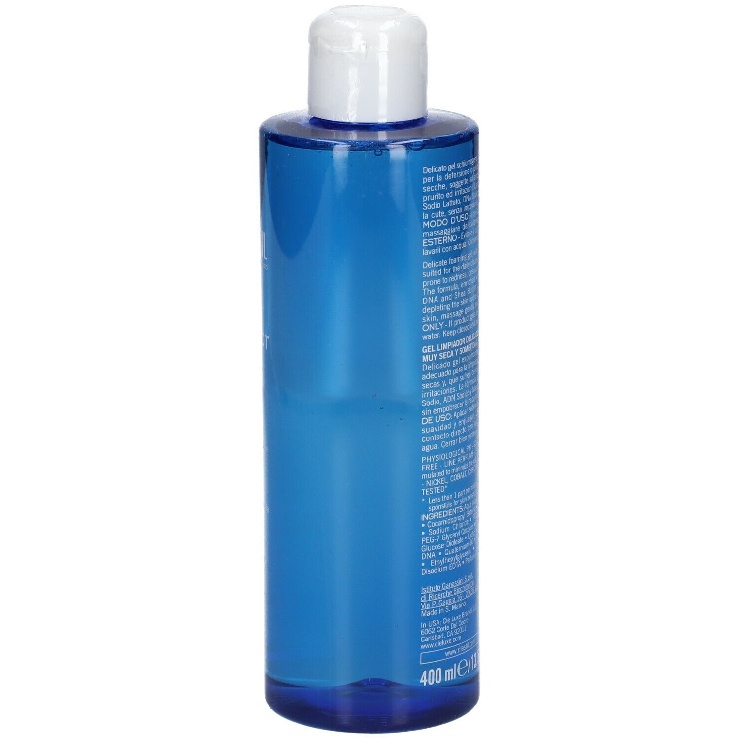 Rilastil Xerolact Reinigungsgel. Blaue Flasche mit weißem Deckel. Rückseite mit Text.