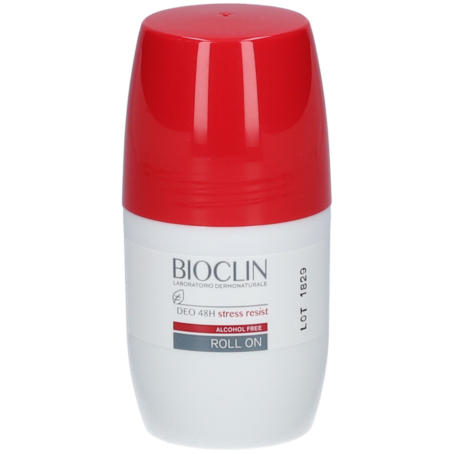 Weiß-roter Roll-on-Deo. BIOCLIN-Logo, Schriftzug 'DEO 48H stress resist', 'ALCOHOL FREE', 'ROLL ON'. LOT-Nummer.