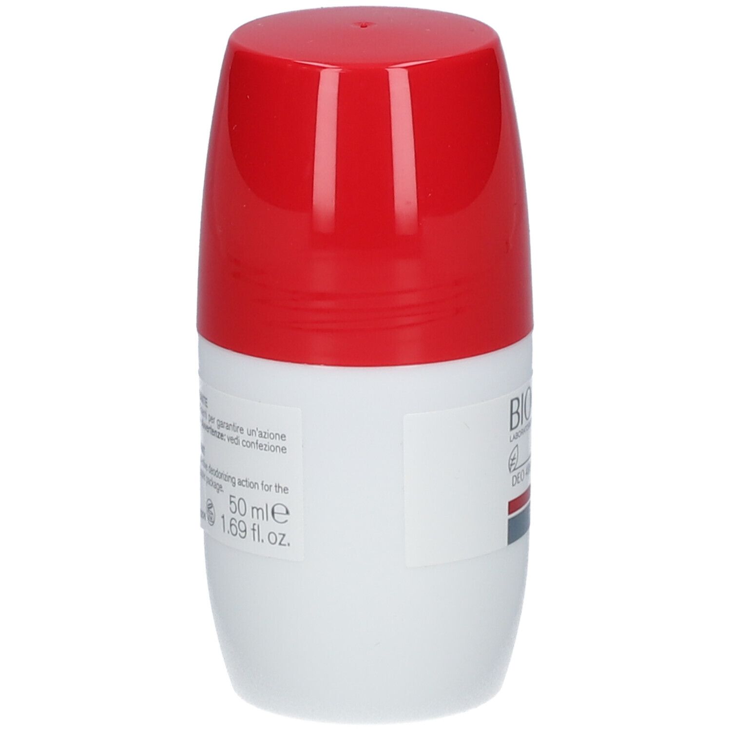 Weiß-roter Roll-on-Deo. Rückseite mit Text. BIOCLIN-Logo, Schriftzug 'DEO 48H stress resist', 'ALCOHOL FREE', 'ROLL ON'.