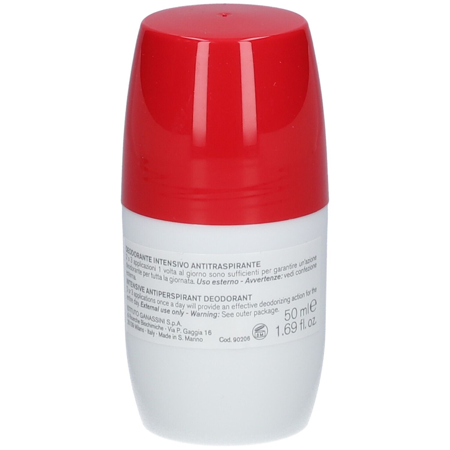 Weiß-roter Roll-on-Deo. Rückseite mit Text. BIOCLIN-Logo, Schriftzug 'DEO 48H stress resist', 'ALCOHOL FREE', 'ROLL ON'.