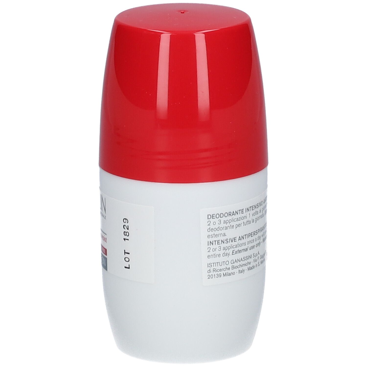 Weiß-roter Roll-on-Deo. Rückseite mit Text. BIOCLIN-Logo, Schriftzug 'DEO 48H stress resist', 'ALCOHOL FREE', 'ROLL ON'.