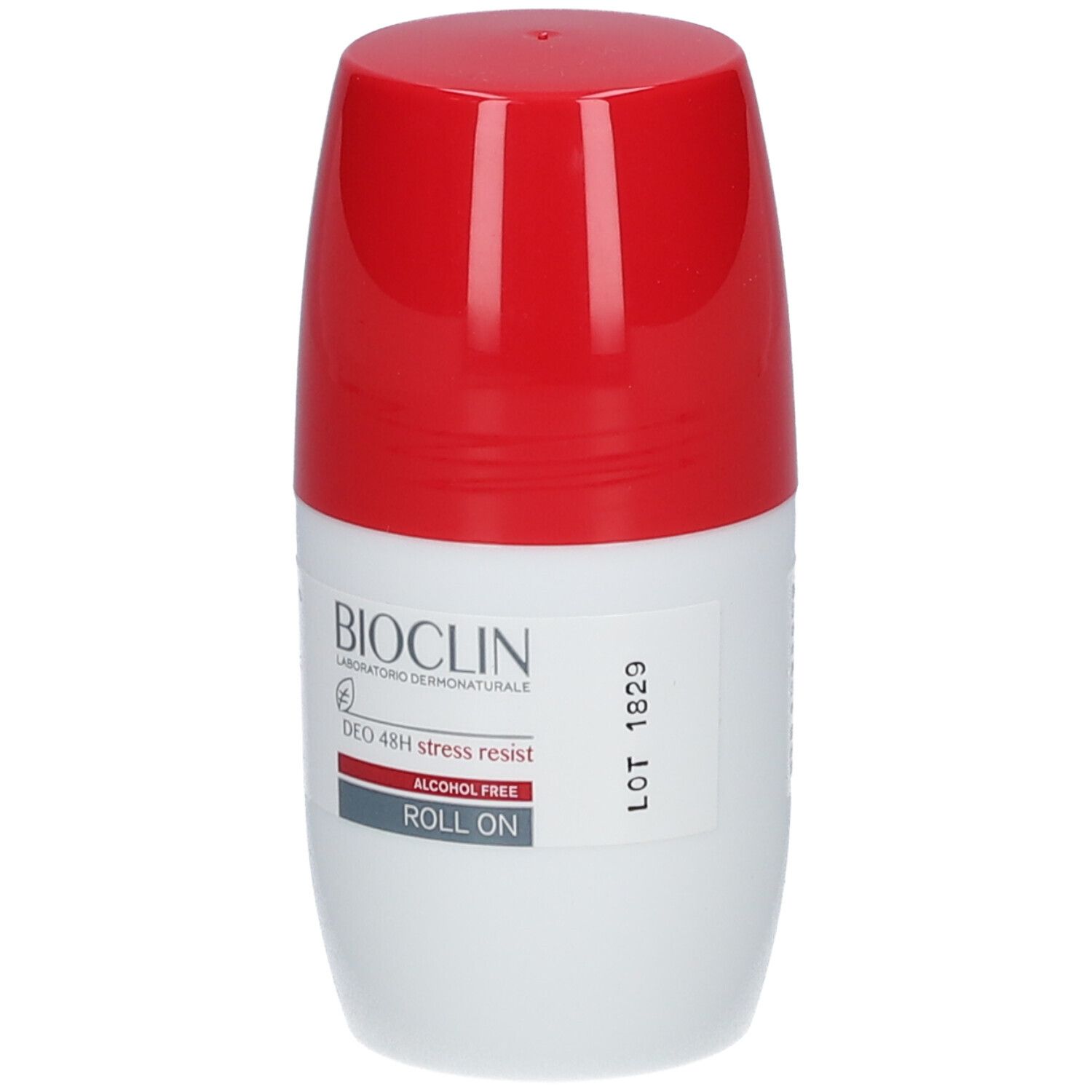 Weiß-roter Roll-on-Deo. BIOCLIN-Logo, Schriftzug 'DEO 48H stress resist', 'ALCOHOL FREE', 'ROLL ON'. LOT-Nummer.