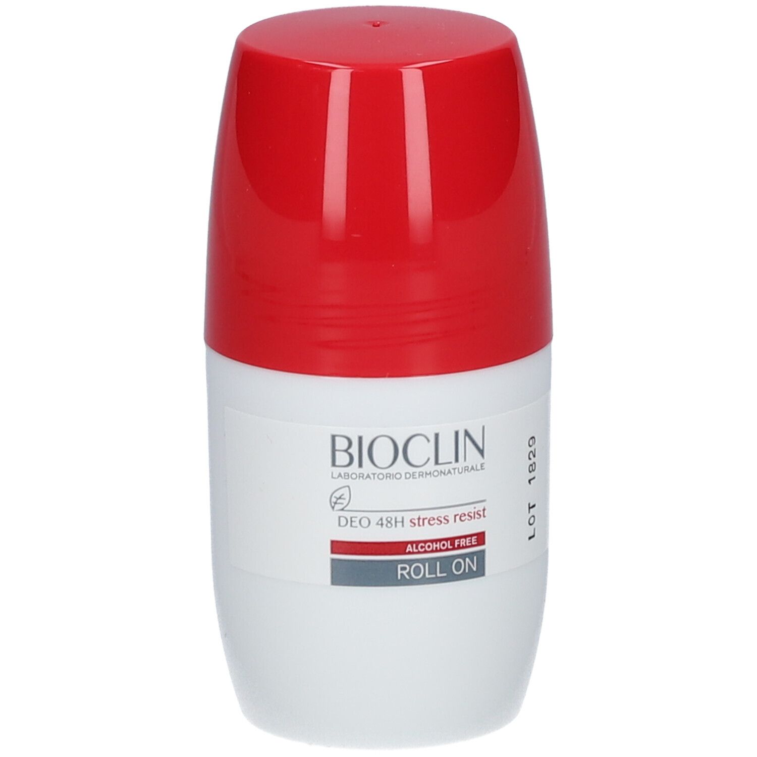 Weiß-roter Roll-on-Deo. BIOCLIN-Logo, Schriftzug 'DEO 48H stress resist', 'ALCOHOL FREE', 'ROLL ON'. LOT-Nummer.