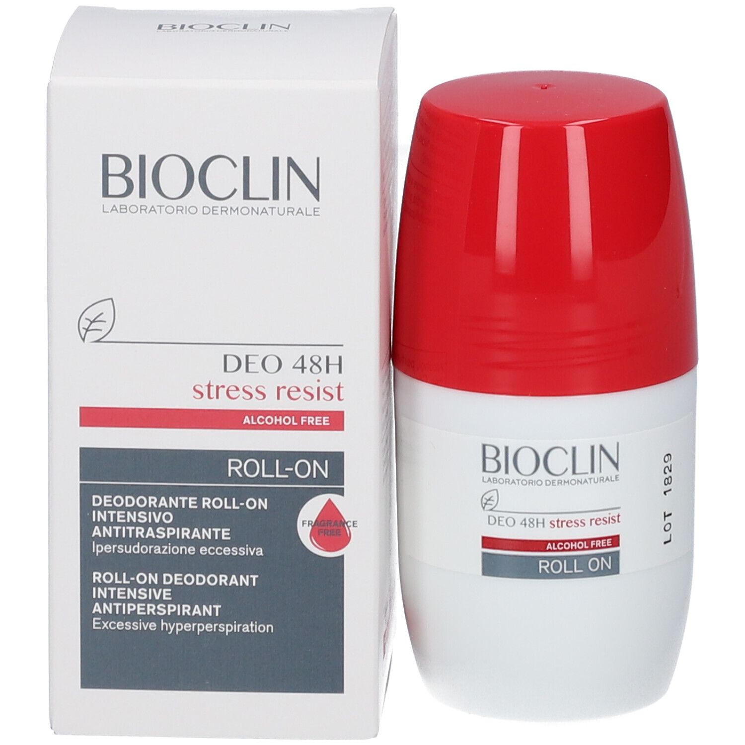 Roll-on-Deo und Verpackung. BIOCLIN-Logo, Schriftzug 'DEO 48H stress resist', 'ALCOHOL FREE', 'ROLL ON'.
