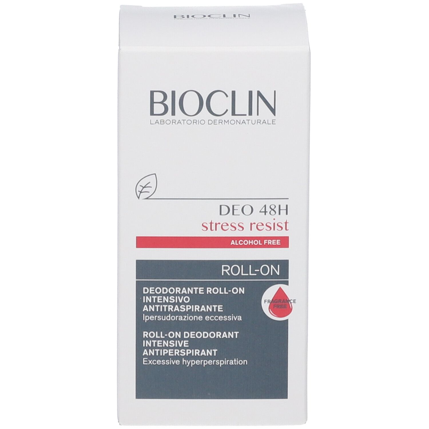 Verpackung. BIOCLIN-Logo, Schriftzug 'DEO 48H stress resist', 'ALCOHOL FREE', 'ROLL ON'.