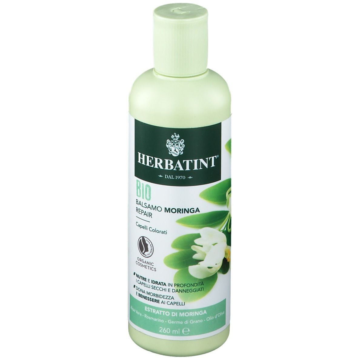 Flacon vert clair avec logo HERBATINT et étiquette Baume Moringa. Contient 260 ml.