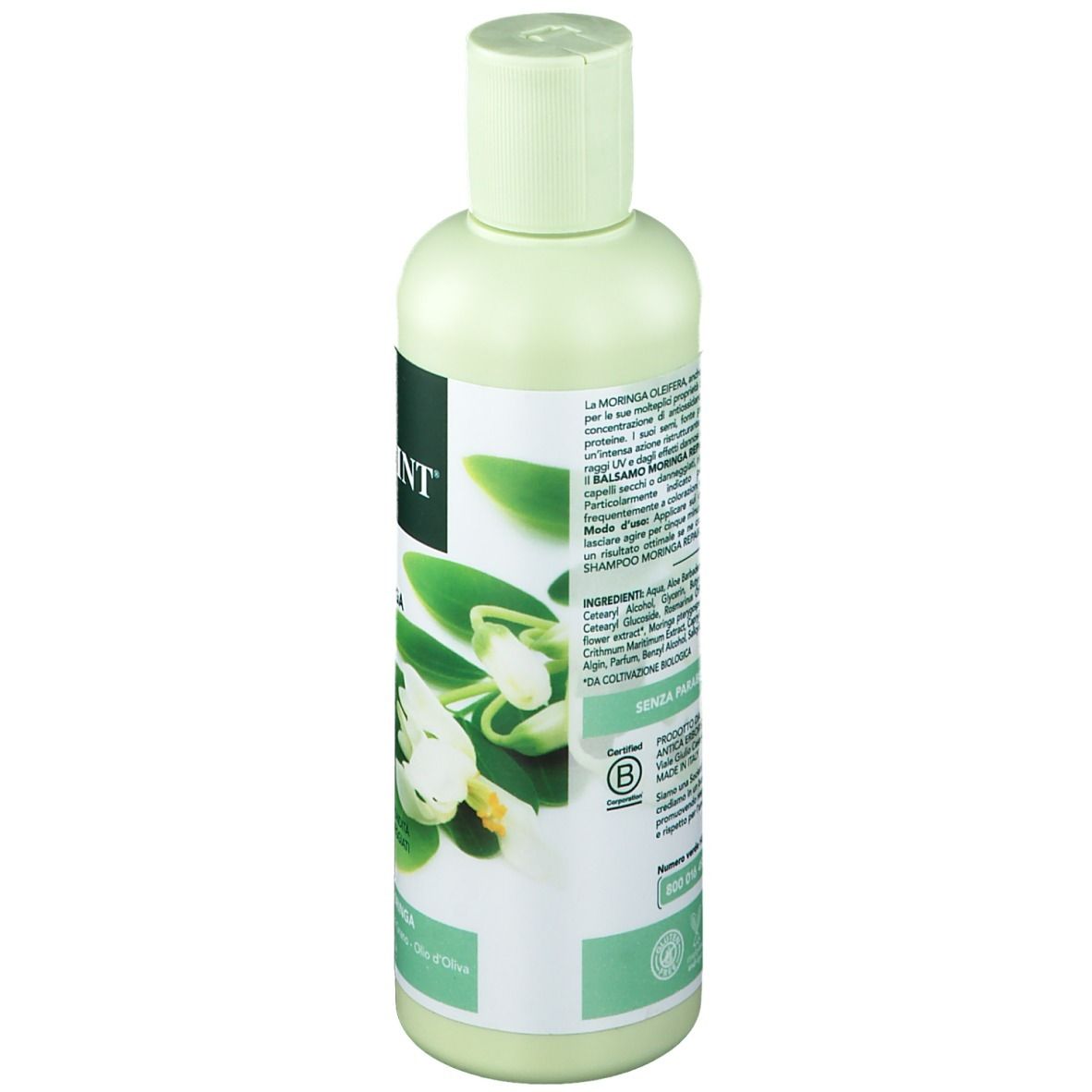 Dos du flacon vert clair avec logo HERBATINT. Texte avec ingrédients et certification.