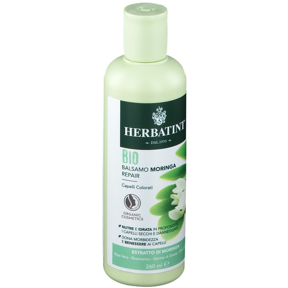 Flacon vert clair avec logo HERBATINT et étiquette Baume Moringa. Contient 260 ml.