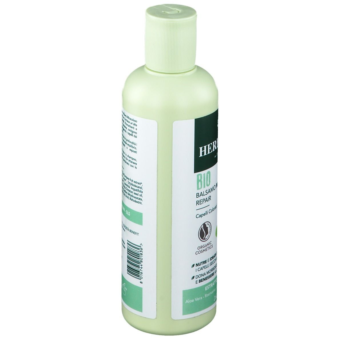 Dos du flacon vert clair avec logo HERBATINT. Texte avec ingrédients et certification.