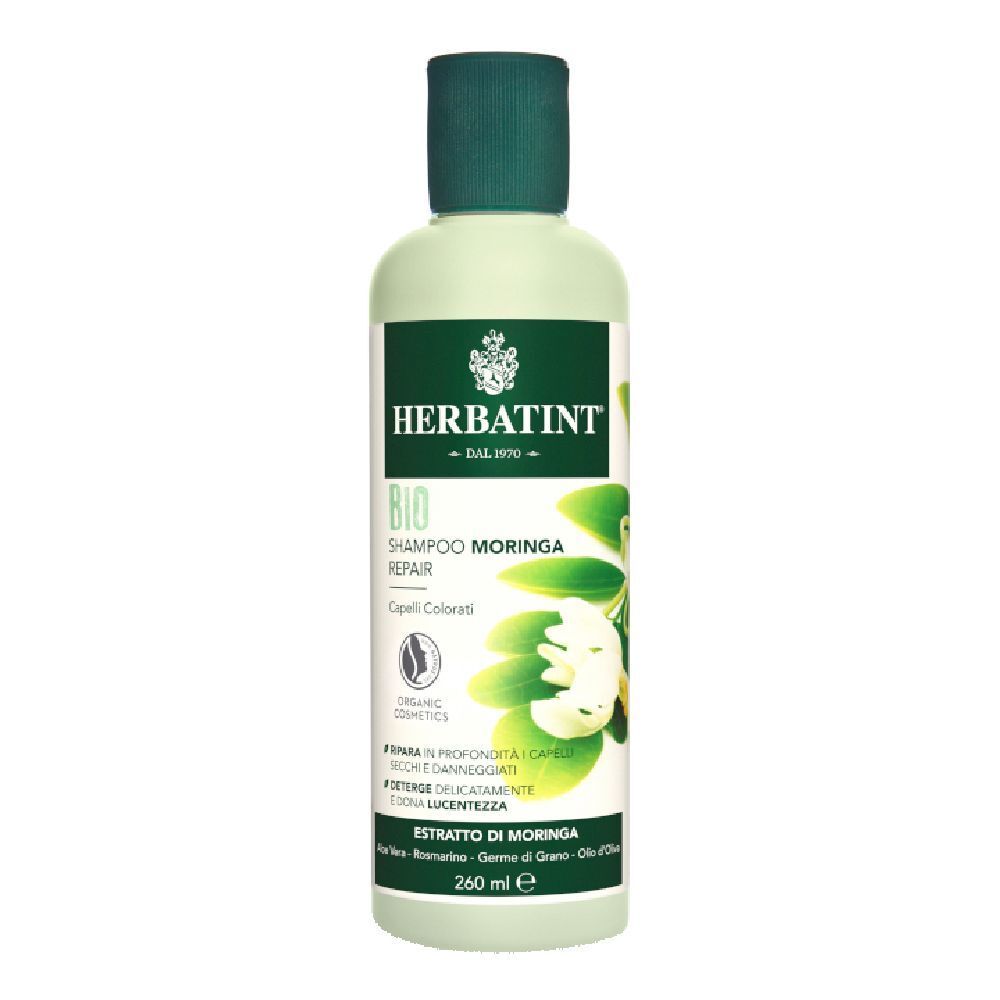 Flacon vert clair avec bouchon vert. Inscription HERBATINT, BIO Shampoo Moringa Repair. 260 ml.
