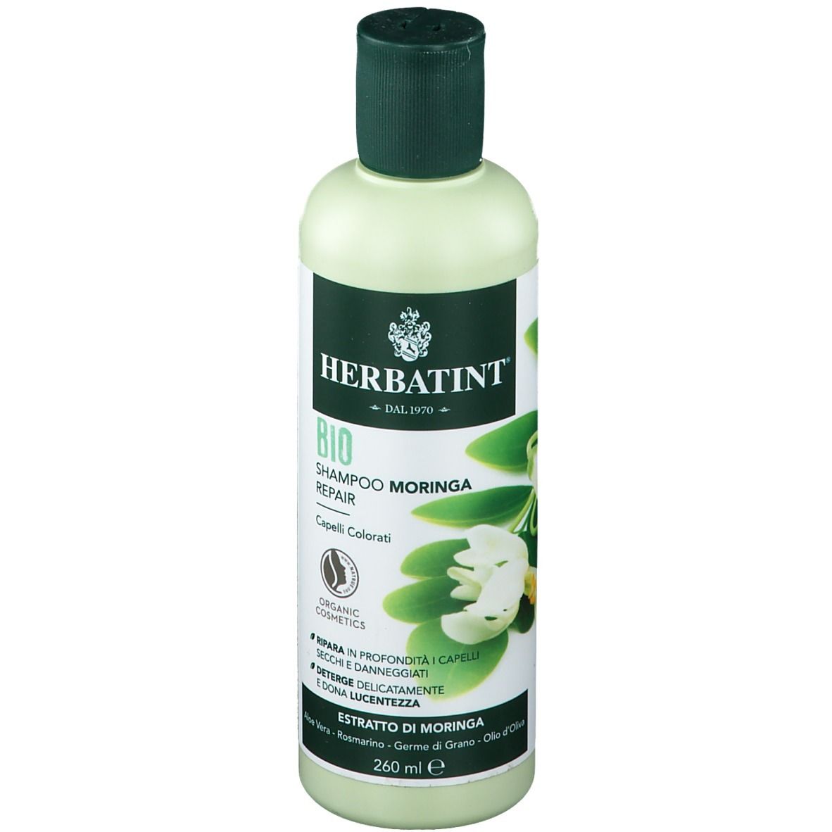 Flacon vert clair avec bouchon vert. Inscription HERBATINT, BIO Shampoo Moringa Repair. 260 ml.