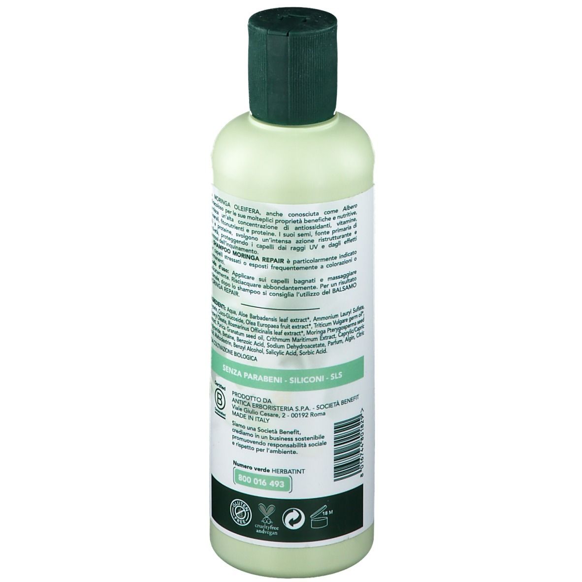 Flacon vert clair avec bouchon vert. Inscription HERBATINT, BIO Shampoo Moringa Repair. Texte au dos.