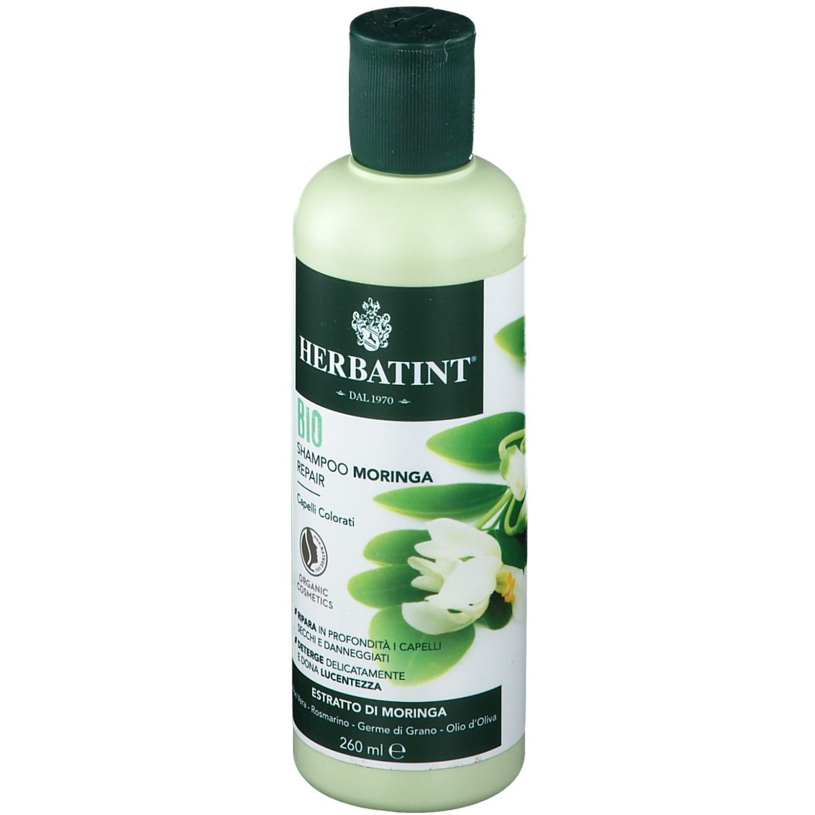 Flacon vert clair avec bouchon vert. Inscription HERBATINT, BIO Shampoo Moringa Repair. 260 ml.