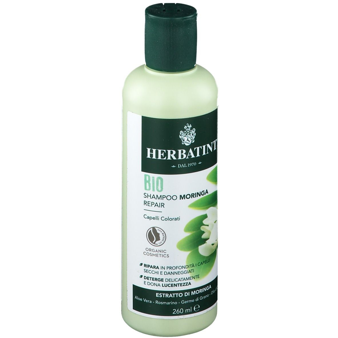 Flacon vert clair avec bouchon vert. Inscription HERBATINT, BIO Shampoo Moringa Repair. 260 ml.