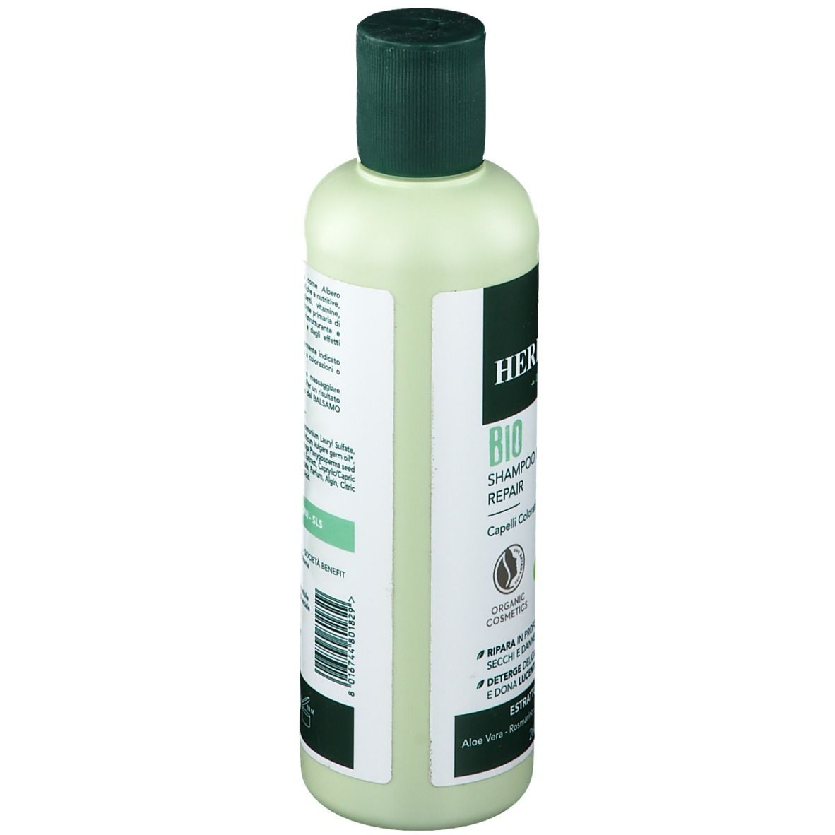 Flacon vert clair avec bouchon vert. Inscription HERBATINT, BIO Shampoo Moringa Repair. Texte au dos.
