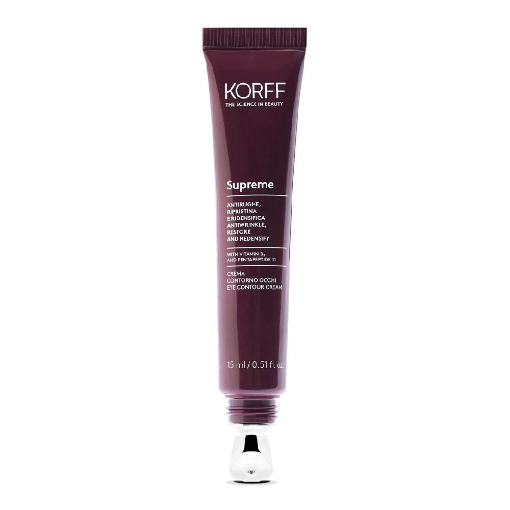 Tube de crème pour les yeux KORFF Supreme. Rouge foncé, applicateur argenté. Texte : anti-rides, redensifiant, avec vitamine B5.
