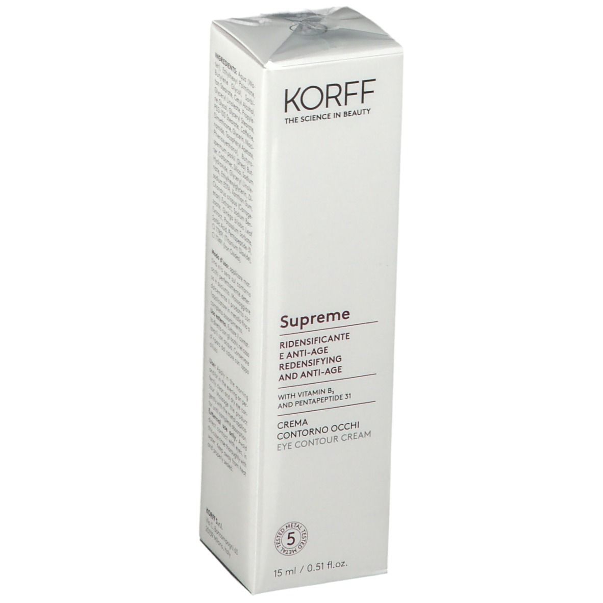 Emballage de la crème pour les yeux KORFF Supreme. Blanc, texte : anti-âge, redensifiant. Sceau. 15 ml. Vue en angle.