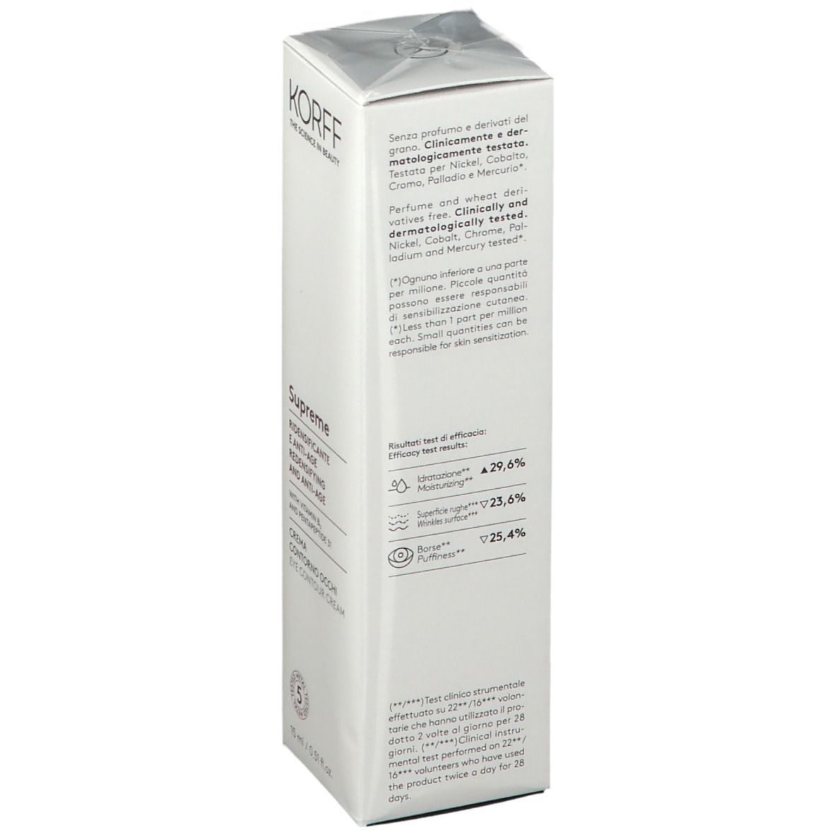 Emballage de la crème pour les yeux KORFF Supreme. Blanc, texte, sceau. Dos avec texte. Vue en angle.