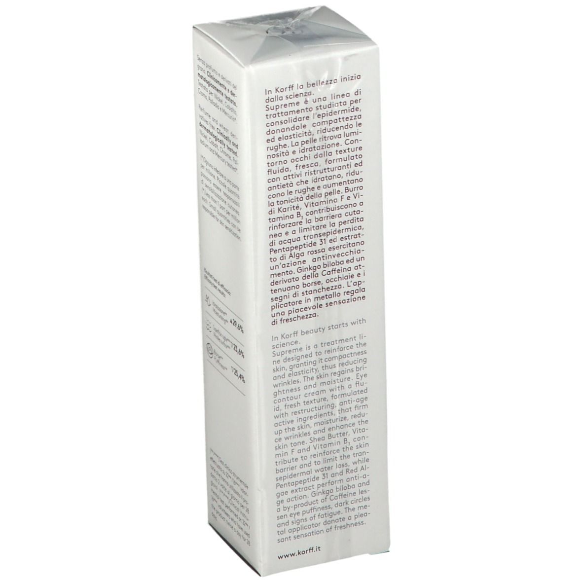 Emballage de la crème pour les yeux KORFF Supreme. Texte, sceau, ingrédients, utilisation. Vue en angle.